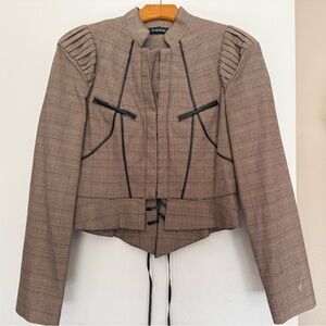 Bebe Brown Blazer with Pleated Shoulders and Mandarin Collar